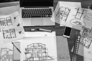 architect, work, desk, drawings, macbook