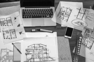 architect, work, desk, drawings, macbook
